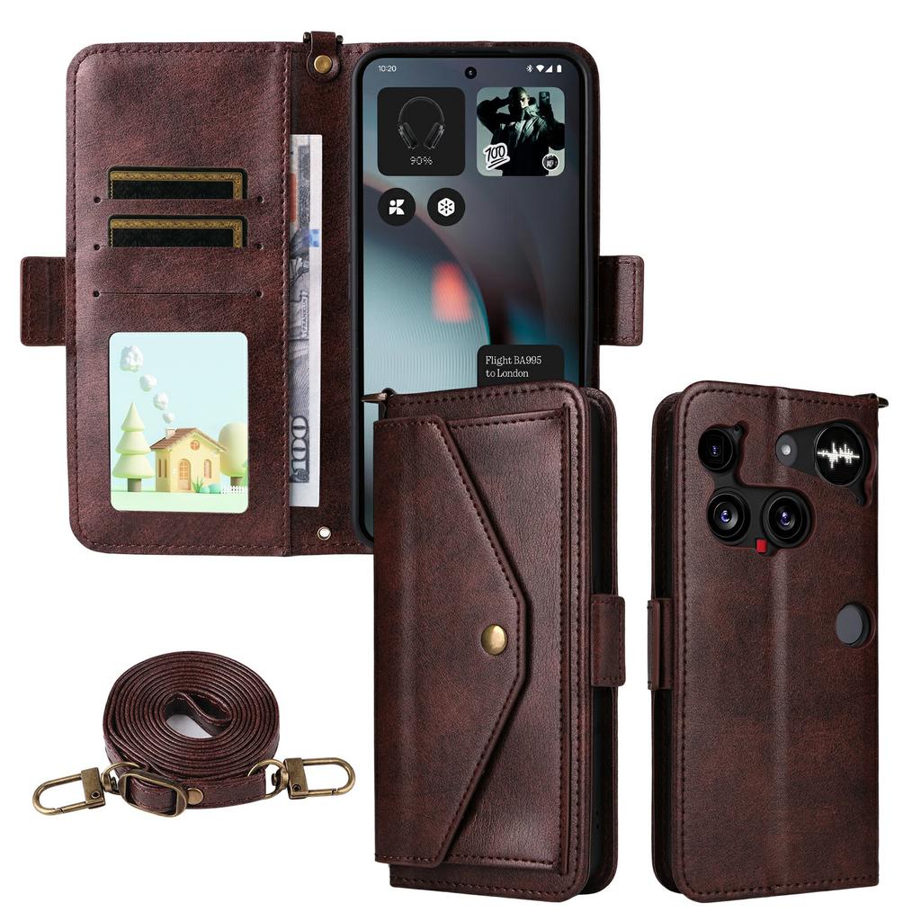 For Nothing Phone (3) 5G Leather Case Magnetic Closure Wallet Stand Phone Cover with Crossbody Strap