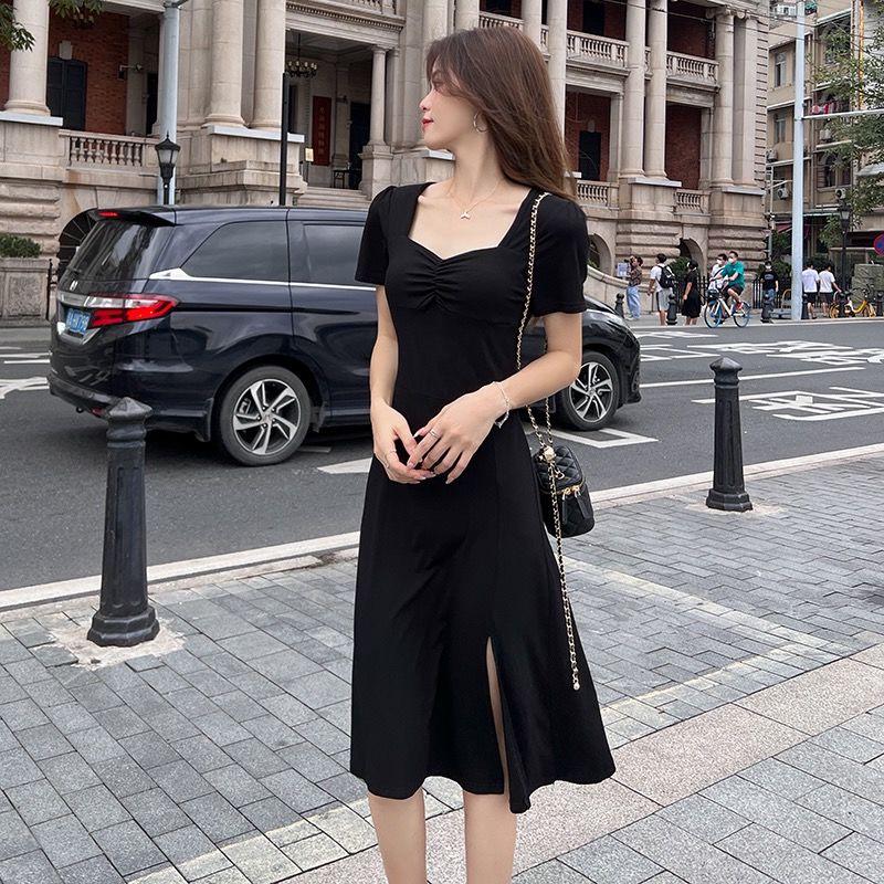 Elegant French Square Neck Black Bodycon Dress with Cinched Waist and High Slit - Summer Goddess Style, Mid-Length Skirt