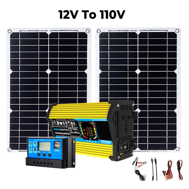 Solární generátor s 2x300W solárním panelem Solární systém Domácí Kompletní sada 6000W Měnič napětí 30A Regulátor Solární nabíjení Kempování