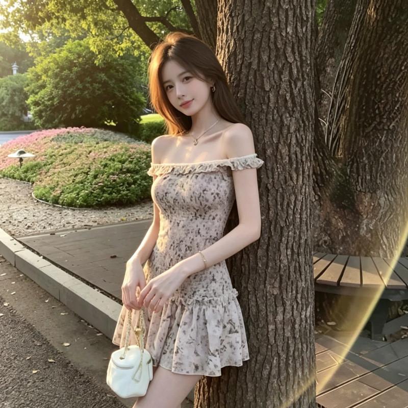 Elegant Floral One Shoulder Dress With Polyester Fabric For Summer Womens Casual Wear