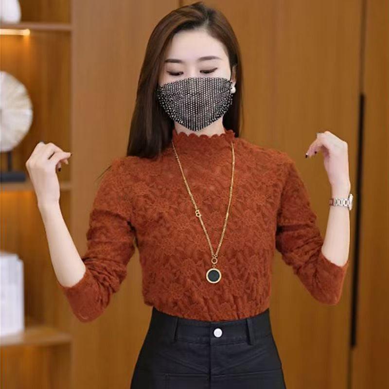 Elegant Lace Semi-High Collar Velvet Base Layer Shirt - 2025 Autumn/Winter Collection