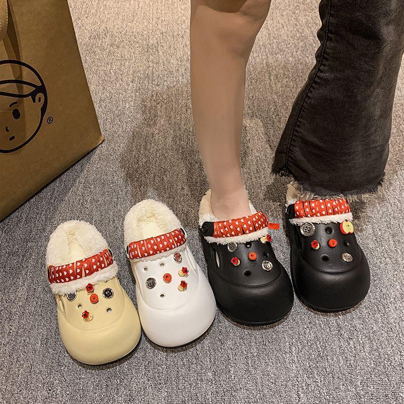 Wear-resistant warm cotton slippers versatile and cute Apple indoor fluffy slippers 2025 winter new fashionable thick bottom non-slip