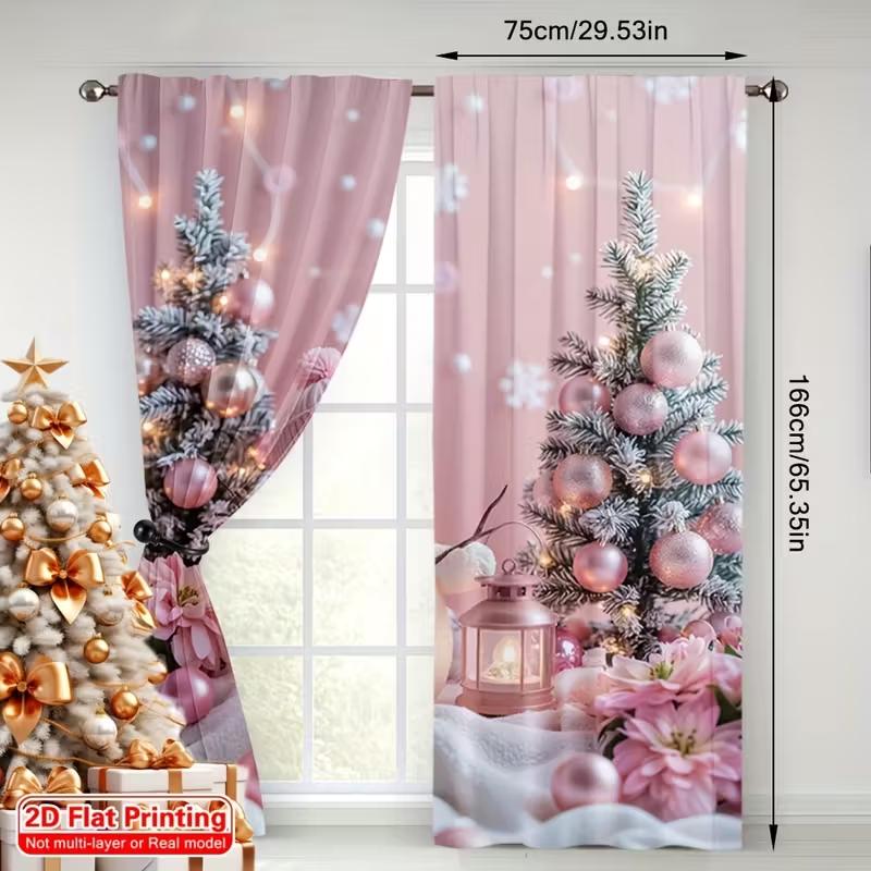 2pcs  Sweet Pink Snowman Pattern Curtains   Cute Design Light - Filtering Polyester Curtains for Christmas Home Windows