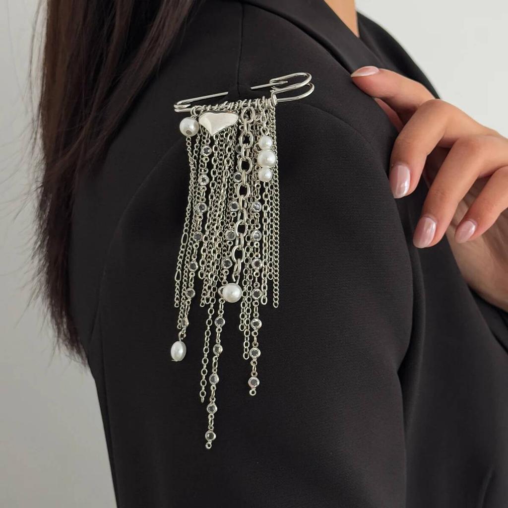SHIXIN Multi-Layer Beaded Tassel Brooches Women Exquisite Heart Imitation Pearl Pendant Brooch Pin Versatile Clothing Accessory
