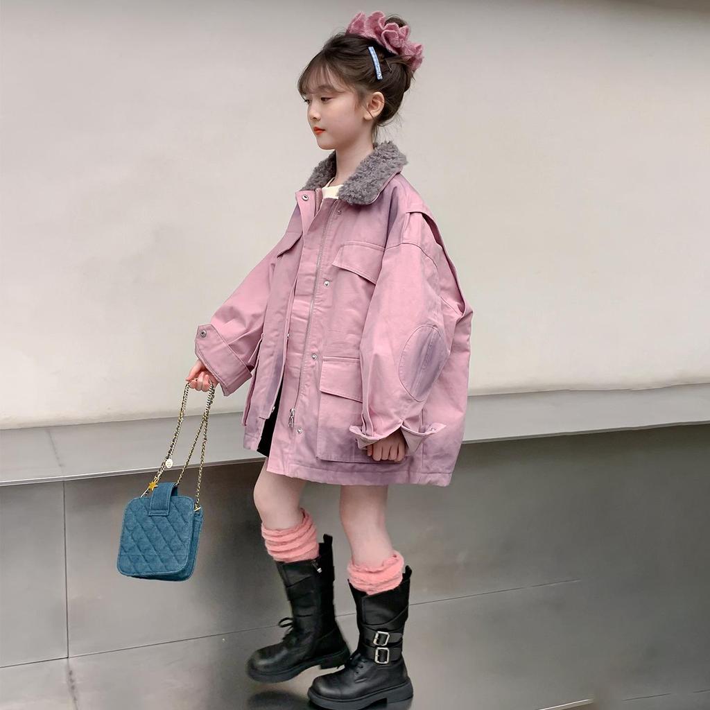 Girls' Thick Purple Fleece-Lined Parka - Autumn/Winter 2025 Fashion for Big Kids