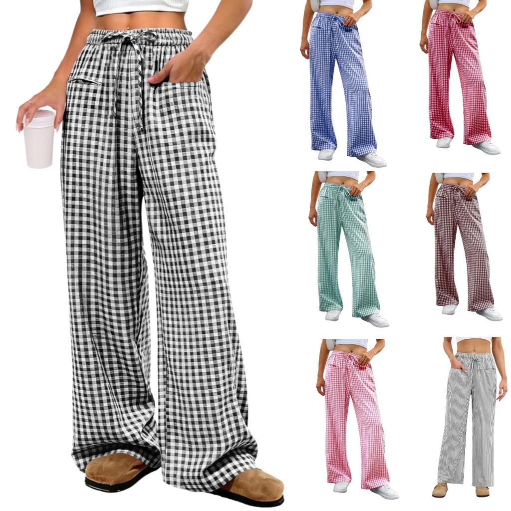 Women's High Rise Wide Leg Pants Loose Fit Trousers Plaid Drawstring Woven Spring Casual Long Pants For Daily Street Outfit