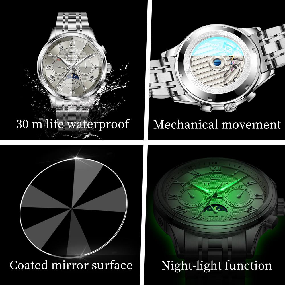 OLEVS 7113 Moon Phase Automatic Mechanical Men's Watches Fashion Rhombus Mirror Perpetual Calendar Luxury Business Man Watch New