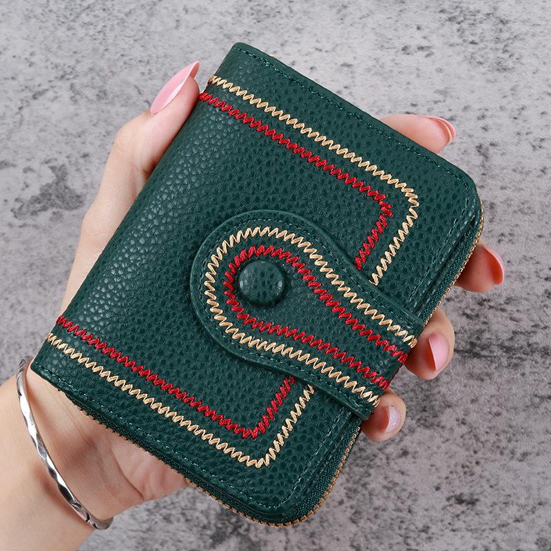 Korean Style Women's Litchi Pattern Embroidered Wallet with Zipper & Buckle