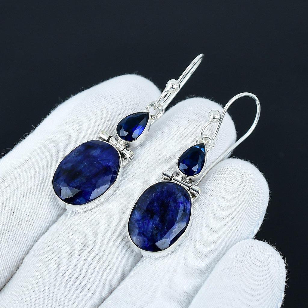 Elegant Blue Sapphire Gemstone Earrings, 925 Sterling Silver Earrings, Unique Design Jewelry, Dangle Drop Earrings For Birthday Gifts