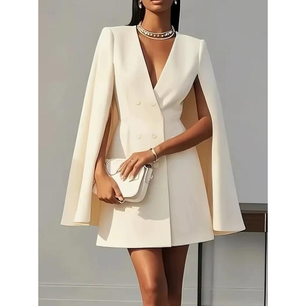 LYRIA Damenmode Pendler Einfarbig Blazer Kleid Büro Zweireihig Taille Partykleid Elegant V-Ausschnitt Schalkragen Umhang Ärmel Midi Kleid