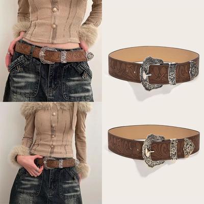 Western Brown PU Leather Vintage Belt Female Cowgirl Waist Belt with Metal Caved Buckle 3set Designer Belts For Women Jeans
