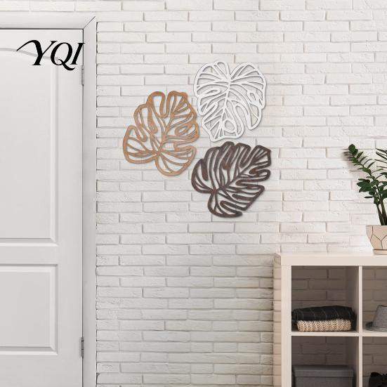 Minimalist Tropical Home Decor 3Pcs Hollow Monstera Leaf Wall Decoration, Wooden Art Hanging Plaque, Decorative Modern Farmhouse Sculpture with