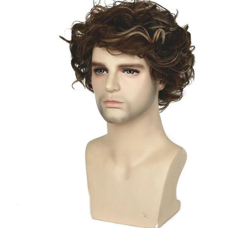 Men Short Mixed Blond Brown Wig Halloween Cosplay Costume Synthetic Hair Fluffy Curly Wigs With Bangs High Temperature Fiber