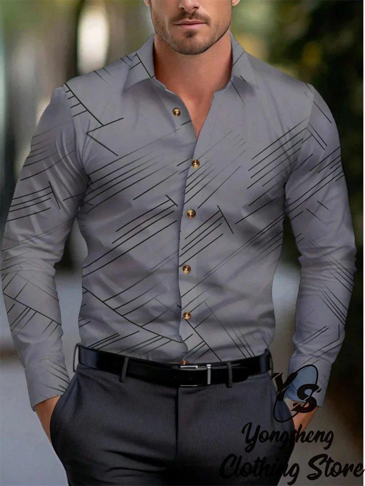 Męska koszula z długim rękawem slim fit drukowana w 3D - Modna biznesowa casual, rozciągliwa w czterech kierunkach na wiosnę i jesień