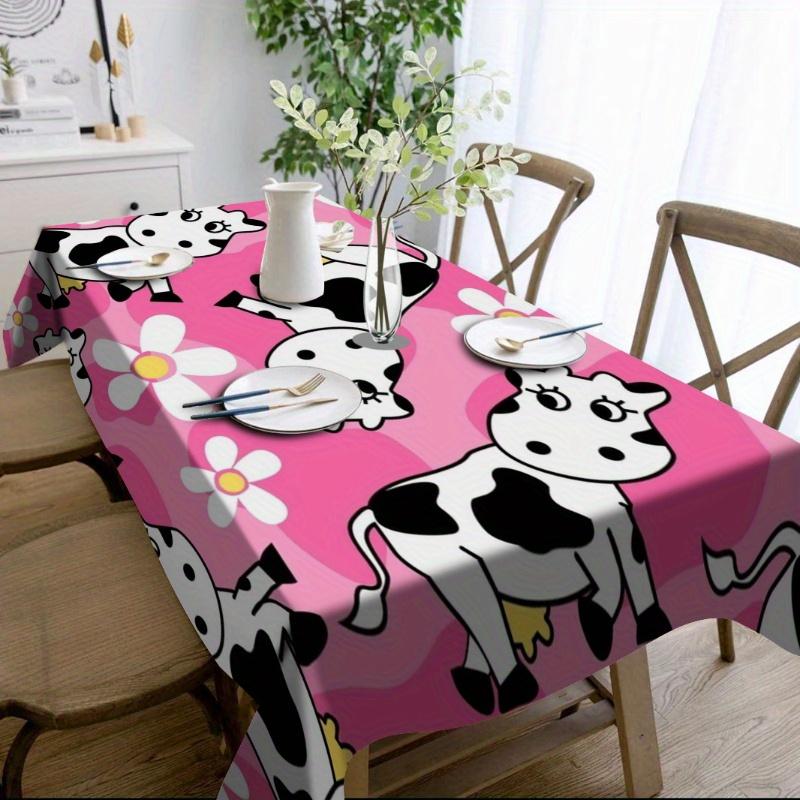 1pc Pink Theme Cow Tablecloth, Durable Polyester Tablecloth, Cow And Floral Print Design, Cartoon Tablecloth, Suitable for Table Decoration, Party Tab