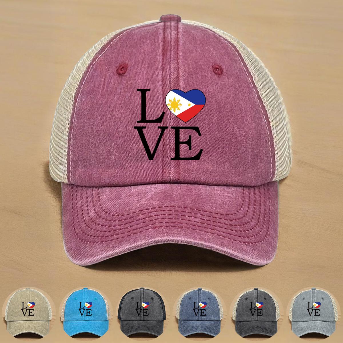 

LOVE Philippine Flag Print Snapback Mesh Cap, Patriotic Man s Cap Distressed Vintage-Inspired Inelastic Simple Adjustable Trucker Hat as the picture вина червоного кольору