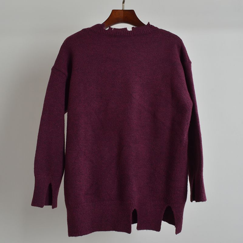 Fall and Winter New Arrival Pullover Round Neck Ripped Long Sleeves Knitting Sweaters Women's Clothing Loose Slimming Sweater Tops Outside
