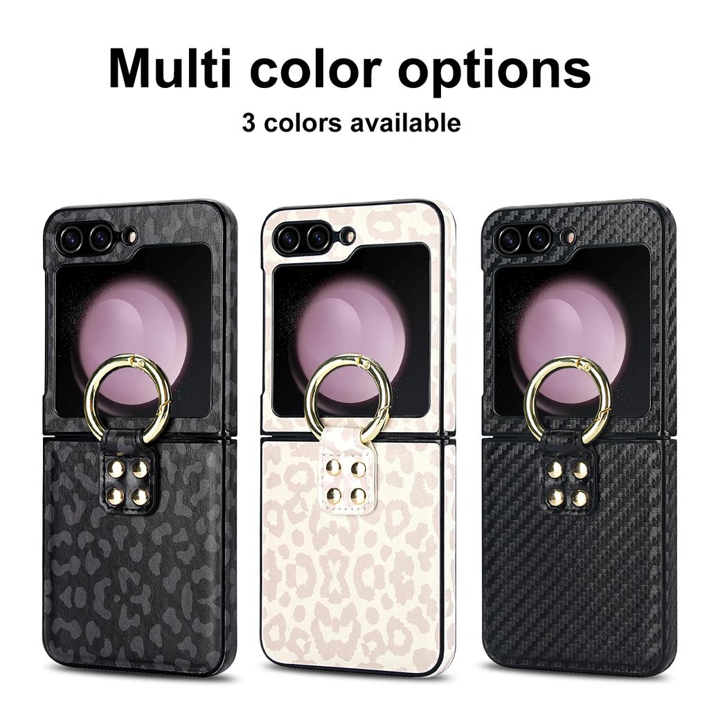 Ring Holder Matte Leather Case For Samsung Galaxy Z Flip 6 5 4 3 Flip5 Flip4 5G Leopard Pattern Ultra Thin Skin Feeling Cover