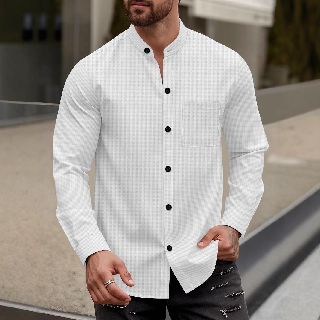 Men s Burgundy Waffle Knit Stand Collar Long Sleeve Shirt Casual Button Down Business Blou S белый