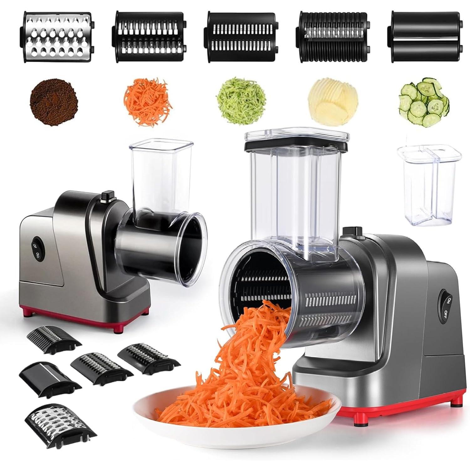 Grattugia elettrica per formaggio, macchina per insalata con 5 diverse forme di lame, affettatrice elettrica da massimo 400 W, macchina per insalata e