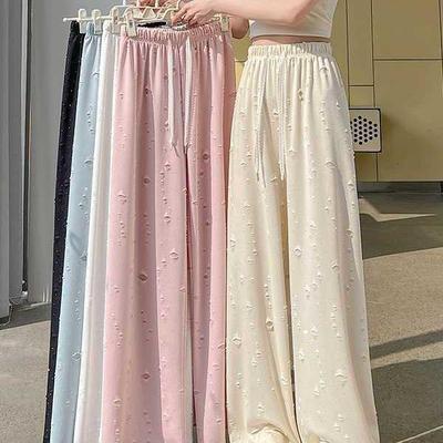 Plus Size Rhinestone Ripped Ice Silk Wide-Leg High-Waist Slimming Loose-Fit Summer Pants for Women