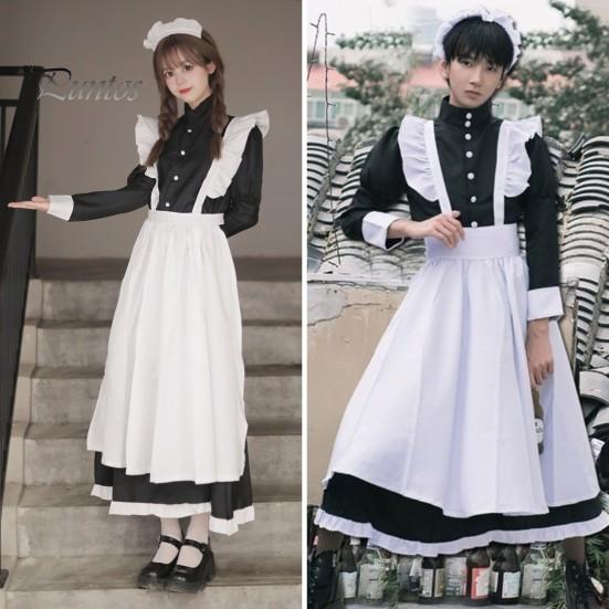 1 Set Maid Cosplay Dress Set Includes Apron Headband Bow And Socks Unisex A-Line Calf-Length Contrast Color Ruffle Dress Parties Photography Servant