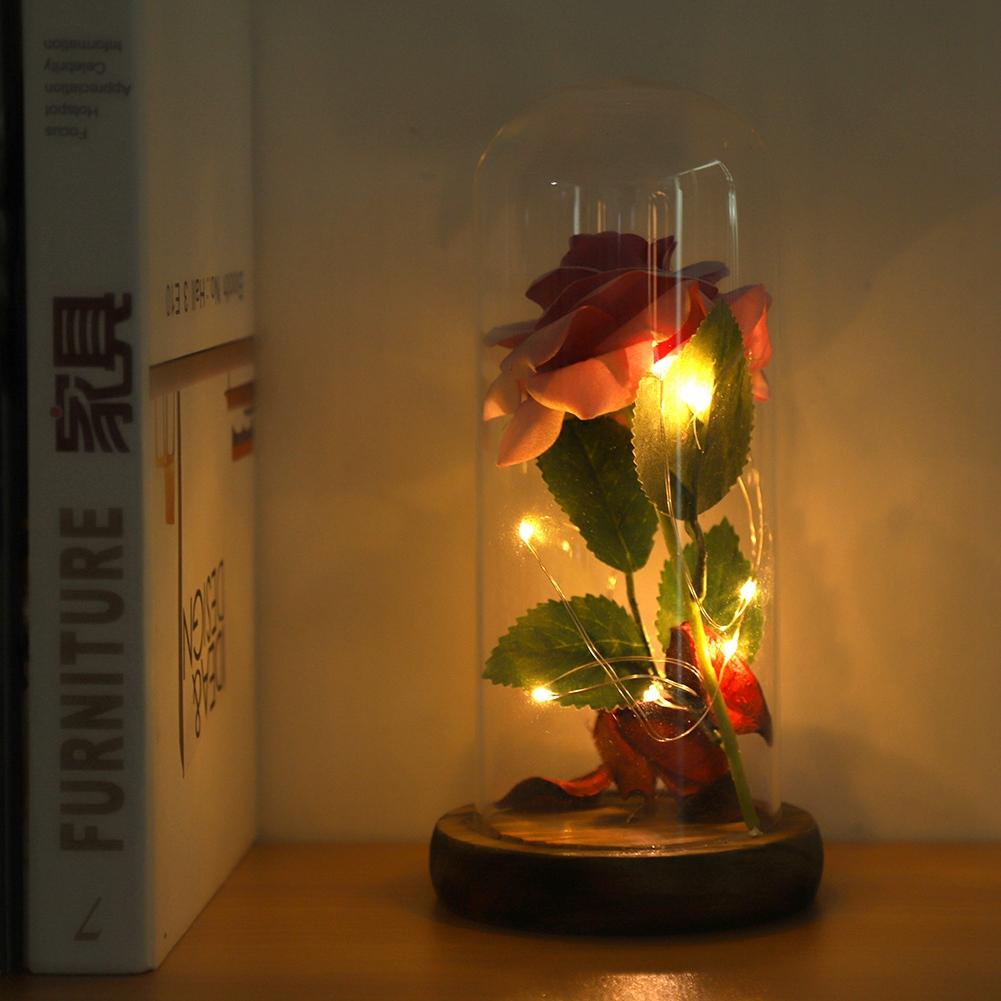Preserved   Flower LED Light with Glass Cover & Wooden Base Valentines Day Wedding Gift Red