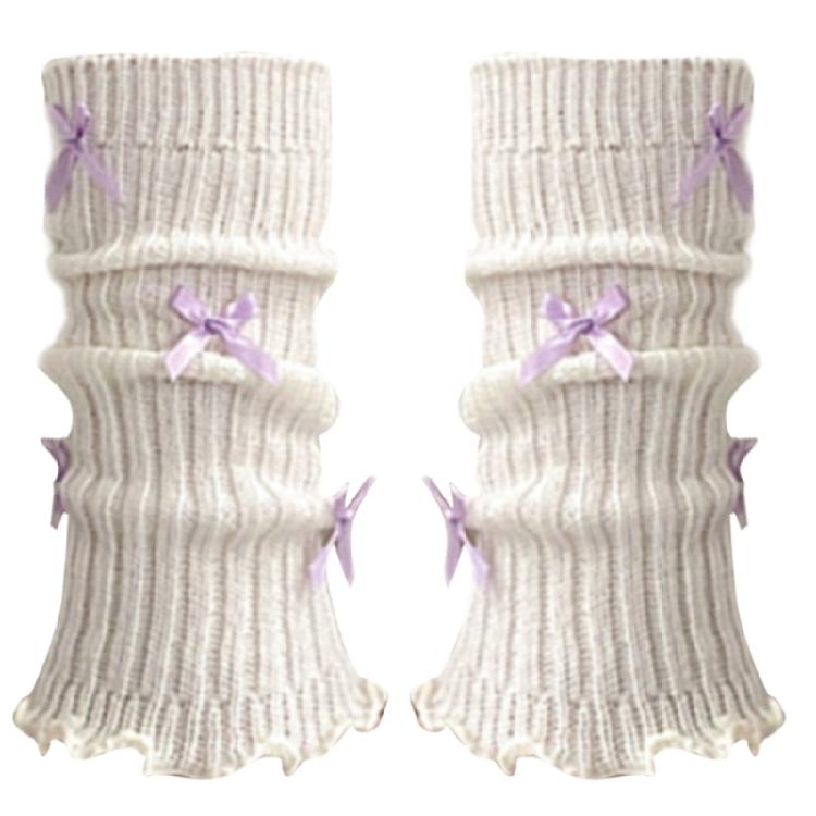 Women Girls Ballet Style Bowknot Leg Warmers Sweet Ribbed Knitted Ruffled Trim Socks Foot Cover Boot Cuffs Accessories