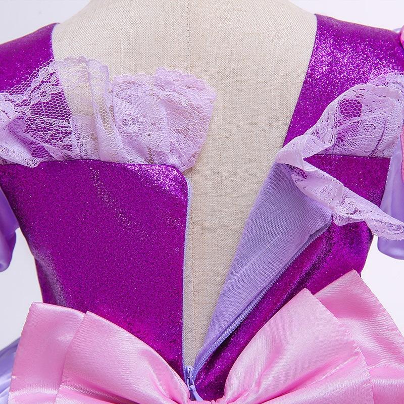 Bow Lace Purple Princess Layered Dress, Girls Birthday Stage Performance Role Play Outfit