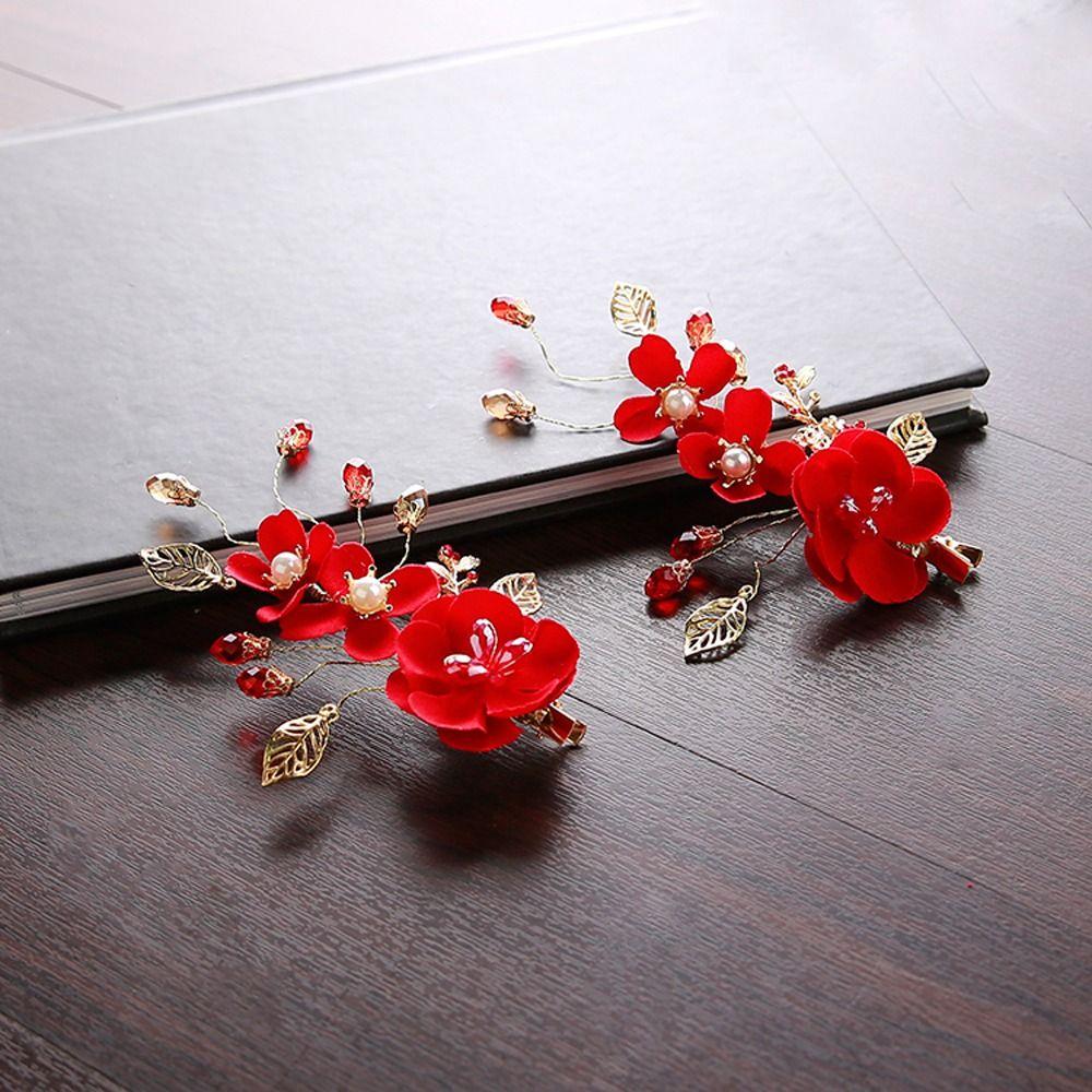 Bride Red Flower Pearl Chinese Hanfu Hair Clips Festival Hairpins Women Barrettes Duckbill Clips