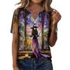 Women's Casual Halloween Print V-Neck Short Sleeve Button T-Shirt Top