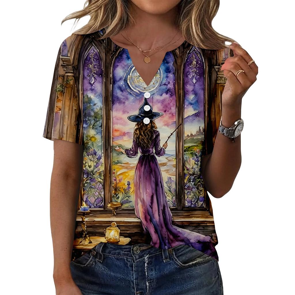 Women's Casual Halloween Print V-Neck Short Sleeve Button T-Shirt Top