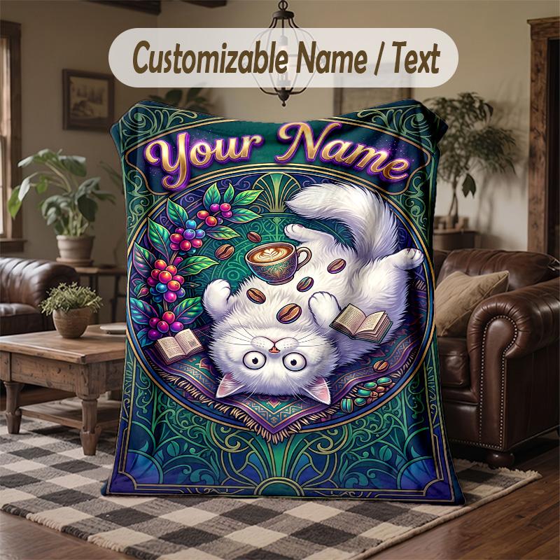 Magic Cats Nature Theme Throw Blanket Custom Name Text Personalized Blanket Soft Cozy Blanket for Home Sofa Bed