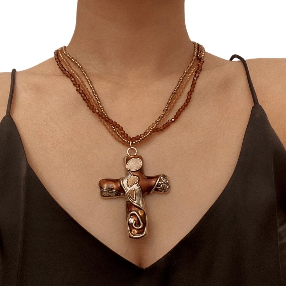 Multicolor Beaded Chain Necklace Metal Pendant Sweater Necklace Trendy Gothic Cross Necklace Women