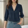 ZANZEA Women Casual V-Neck 3/4 Sleeve Loose Plain Blouse