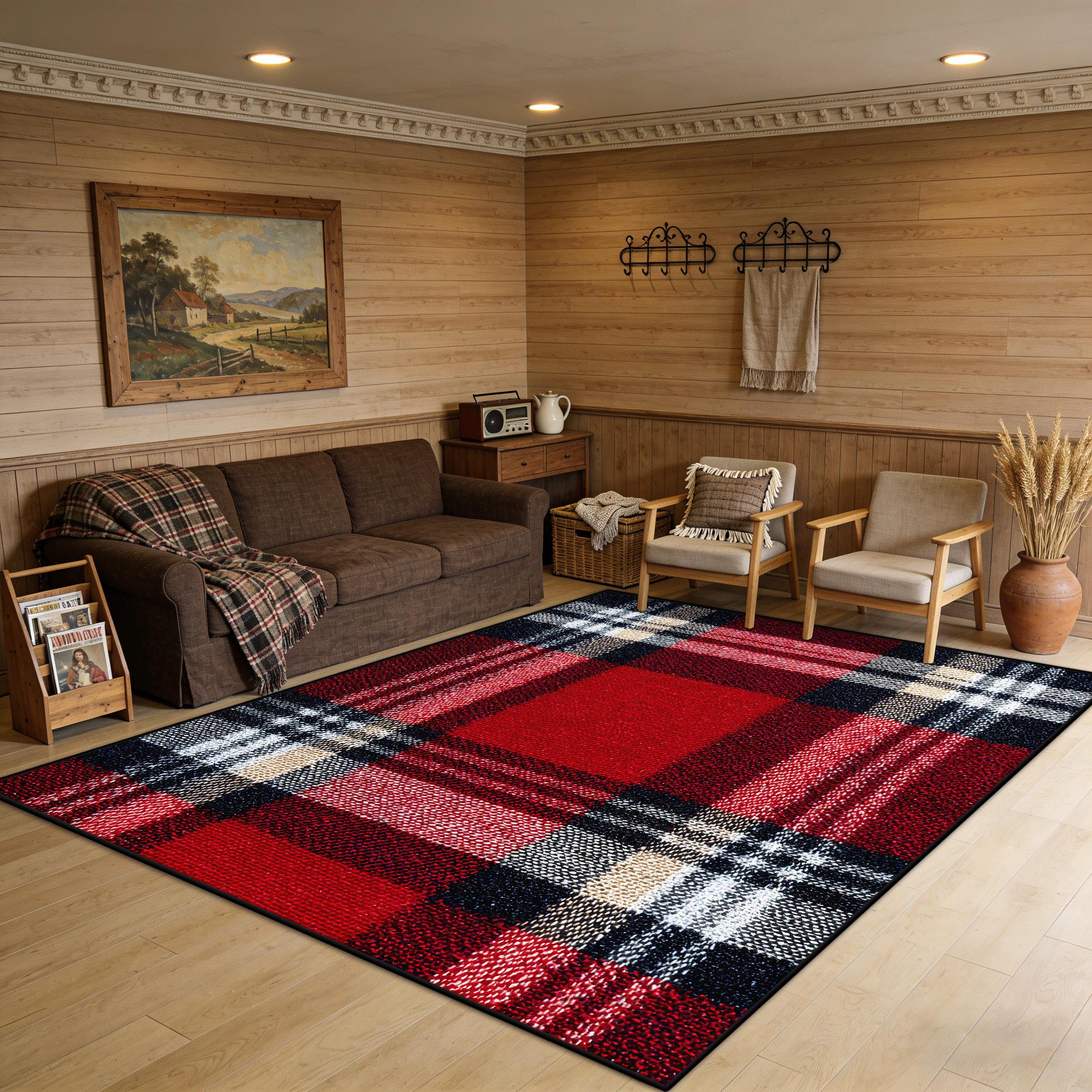 

American Country Red Black Plaid Living Room Carpet Decoration Bedroom Store Non-slip Rug Easy Clean Fluffy Sofa Large Floor Mat 60x90cm