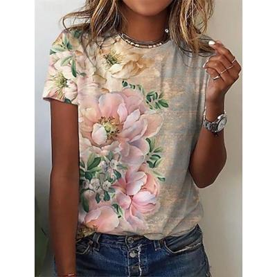 Women's T Shirt Floral Fashion Short Sleeve Round Neck Regular Tops Vacation Weekend Print Pink Blue Purple Summer