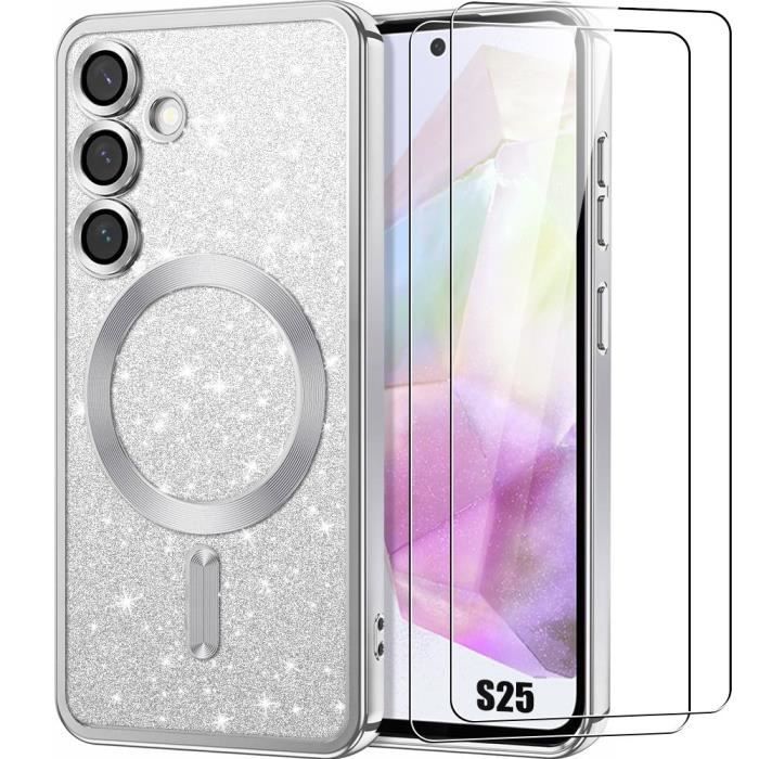 Coque + 2 Verres Trempés pour Samsung Galaxy S25, avec Cercle Magnétique Protection Caméra - Argenté Scintillant