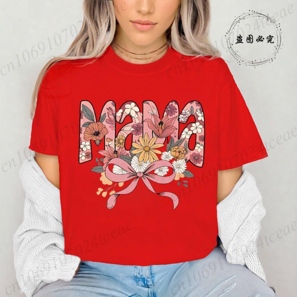 Floral Coquette T-Shirt,Pink Bow Tee Floral Mama T-Shirt for Women Vintage Retro Mama Shirt Wildflowers Mama Women's Clothing