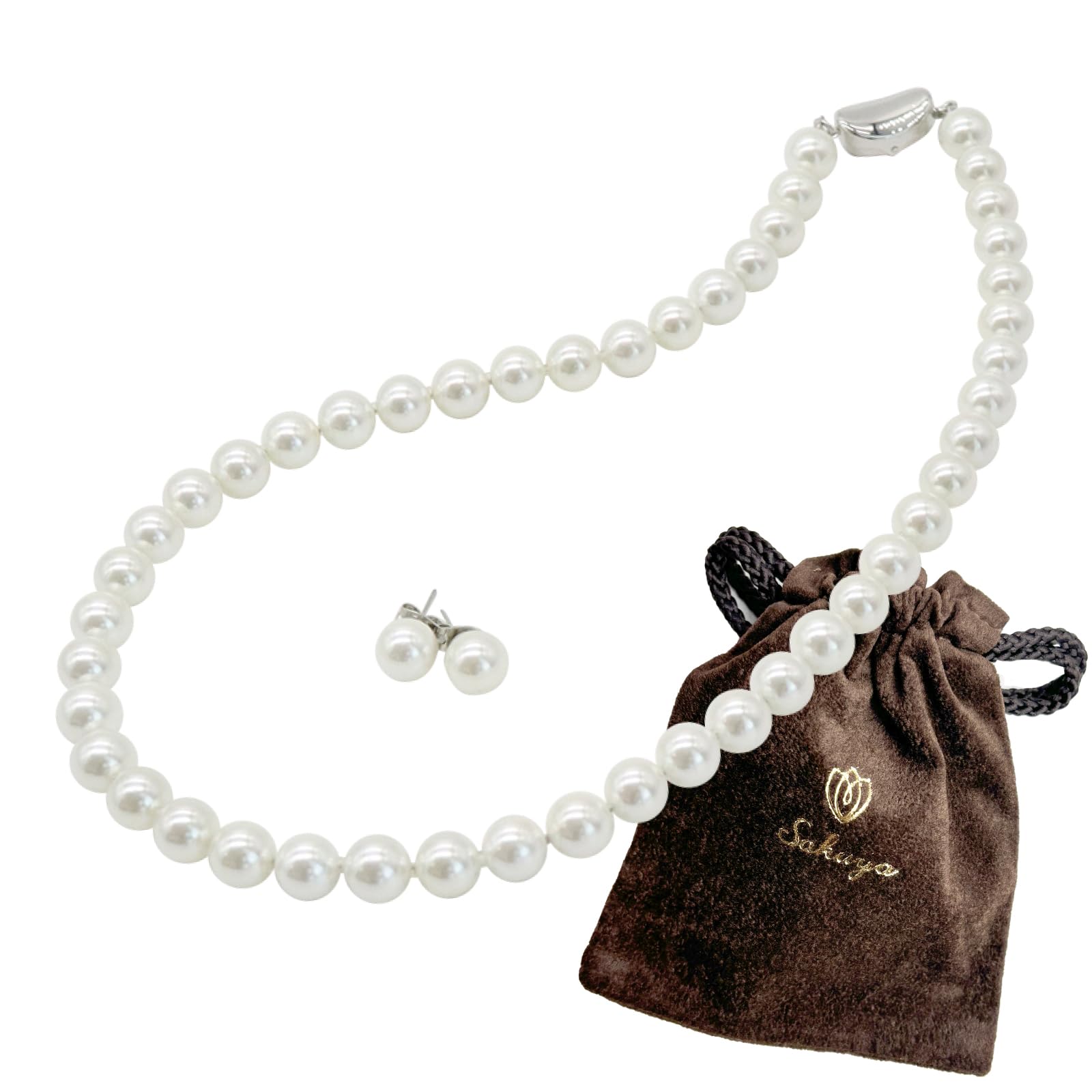 [Sakiya] Shell Pearl Necklace Set 8mm 42cm 40cm 45cm Formal Occasions Pearl White Silver Black Gray Natural EarringsPiercings Box Made in Japan