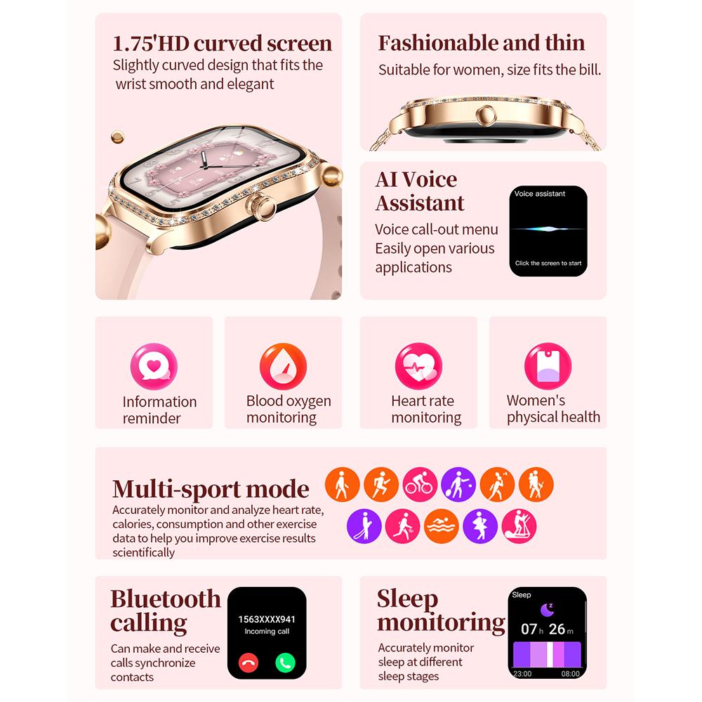 MK88 Silicone Strap 1.75-inch Women Rhinestones Smart Watch Bluetooth-compatible Calling Fitness Tracker Smart Bracelet