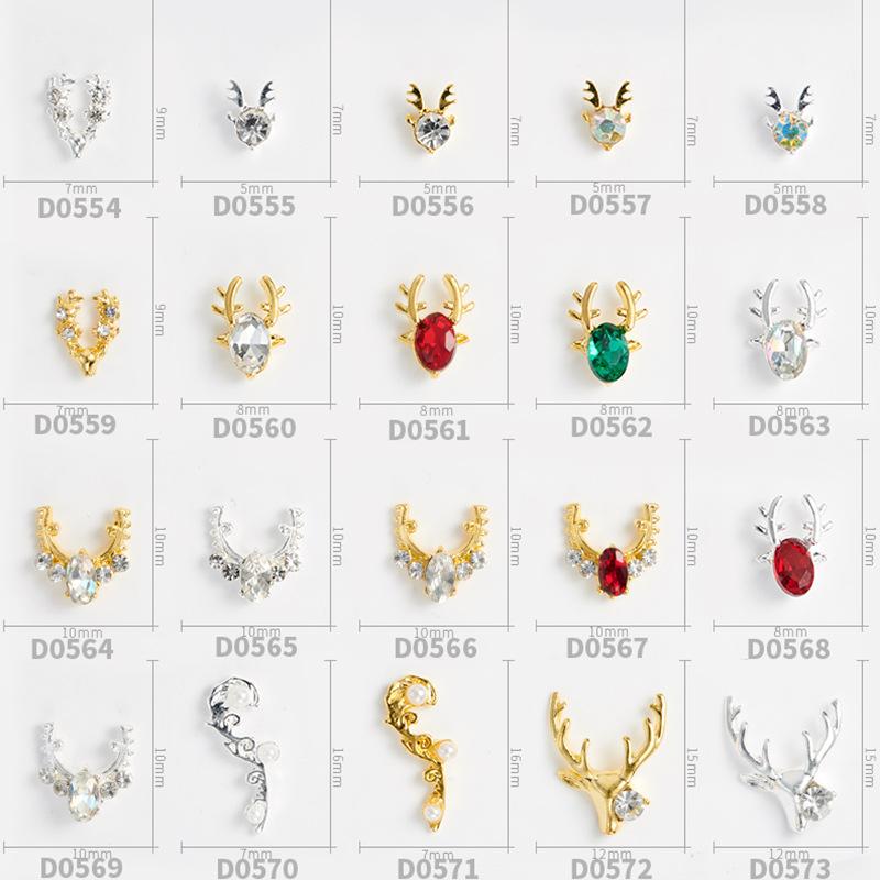10Pcs Gold Silver Elk Antler Shape Alloy Diamond Nail Ornament Manicure Decoration Accessories