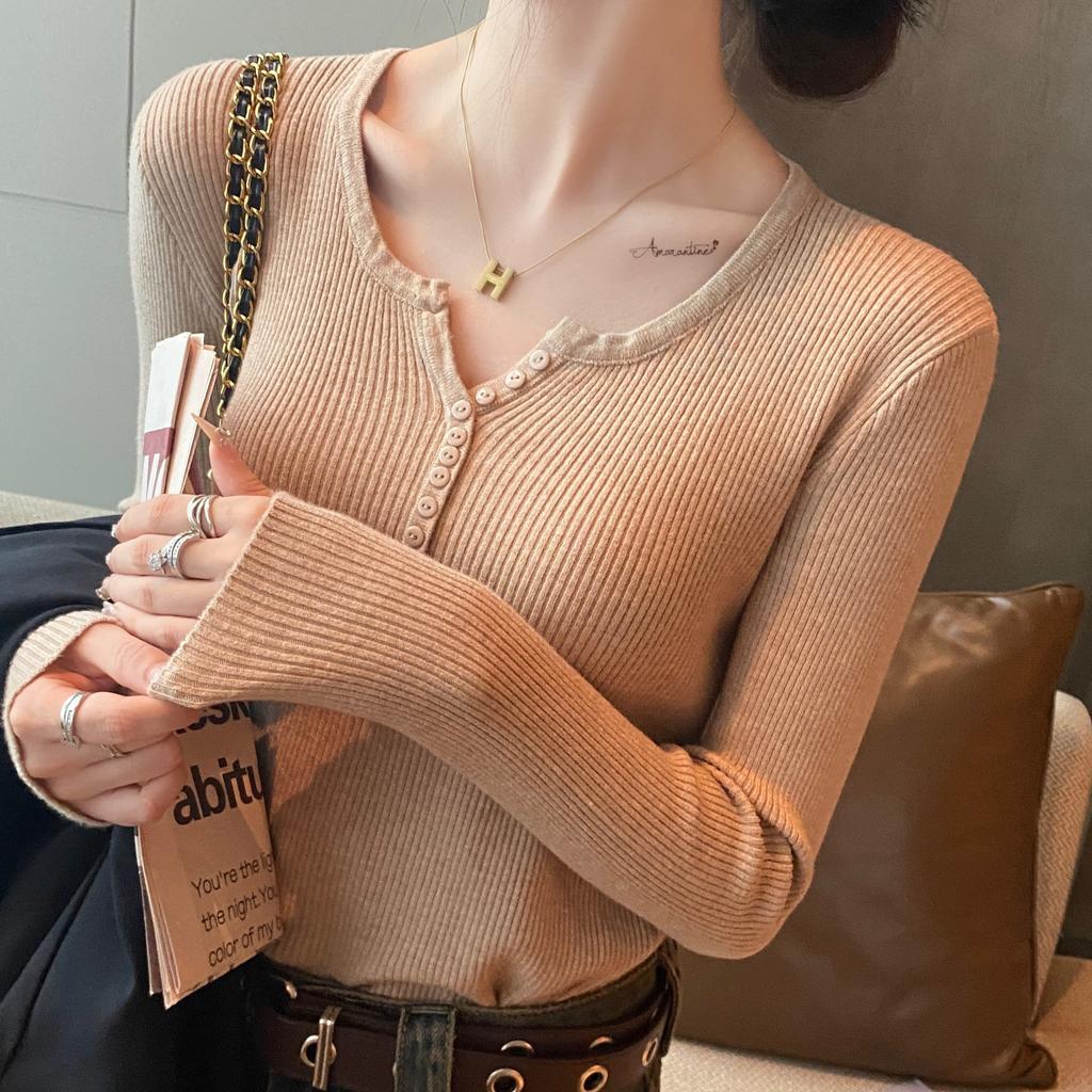 Spring Autumn Knitted V-neck Long Sleeve Slim Jumper Tops Women Sweater Pullover Solid Button Ladies Casual Shirts Soft Sweaters