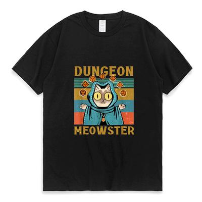 Dungeon Meowster Funny Nerdy Gamer Cat D20 Kostky RPG Klaun Potisk Tričko Muži Ženy Street Hip Hop Cool Černé tričko Top