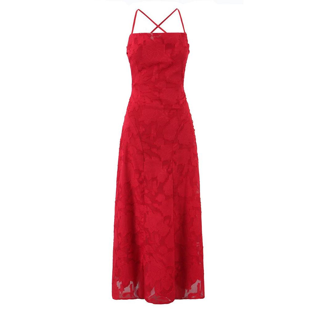 Abito lungo da donna in jacquard sexy aderente con spalline sottili e design a halter