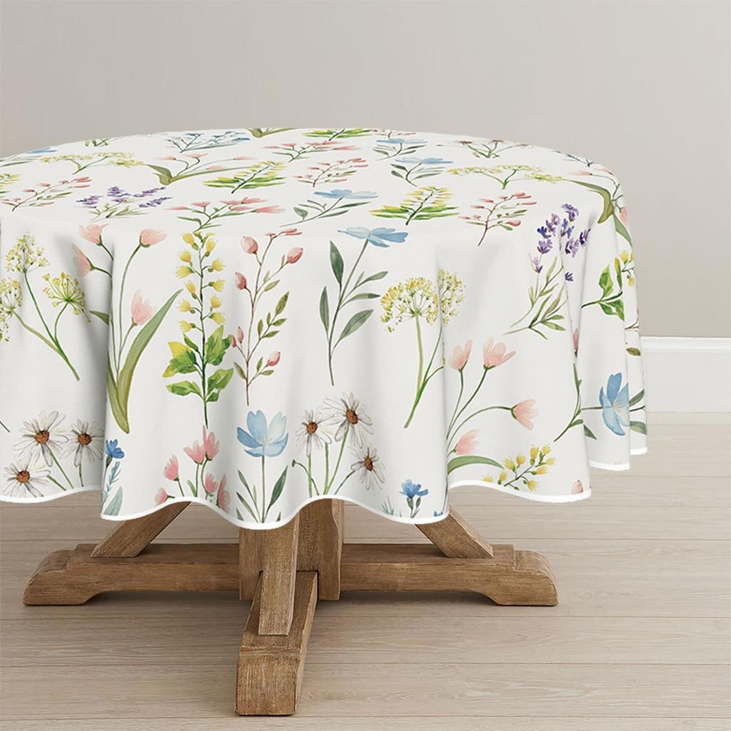 Horaldaily Spring Tablecloth 70×70 Inch Round, Wildflowers Floral Herbs Elegant Washable Table Cover for Party Picnic Dinner Decor