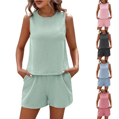 Women's Loose Solid Color Round Neck Sleeveless Vest Shorts Striped Two-Piece Set
