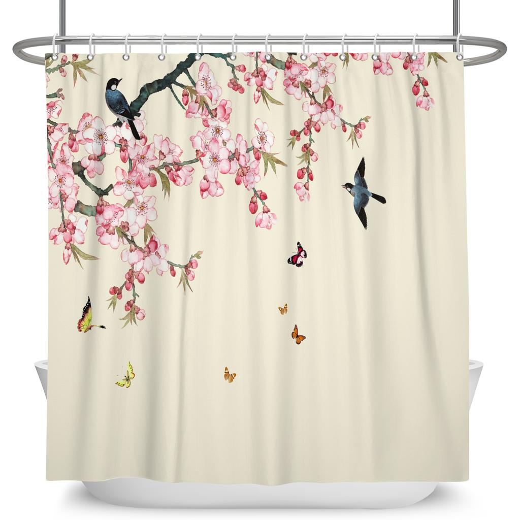 Vintage Bird Flower Shower Curtain with Hooks Artistic Peacock Floral Design Chinese Style Waterproof Polyester Bathroom Curtain