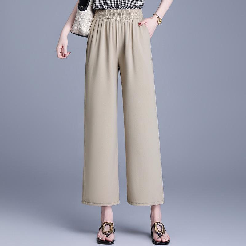 Elastic Waist Wide-Leg Pants for Middle-Aged Women, 9-Point Length, Spring & Autumn