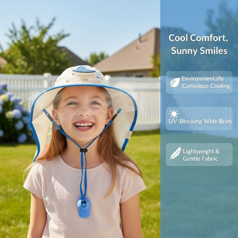 Kids Wide Brim Sun Hat Solar Rechargeable Fan Neck Flap Uv Protection For Summer Beach Activities